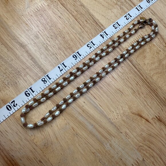 Anne Klein Vintage Long Faux Pearl & Gold-Tone Beaded Necklace Double Strand Wea - Picture 9 of 15